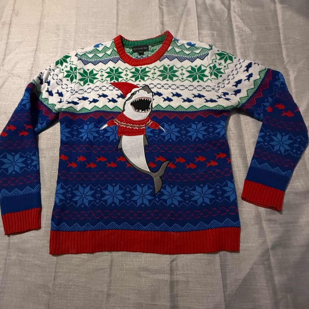 Men's‎ Festive Shark Crewneck Sweater - Blue, Green, Red Blizzard Bay Medium 106